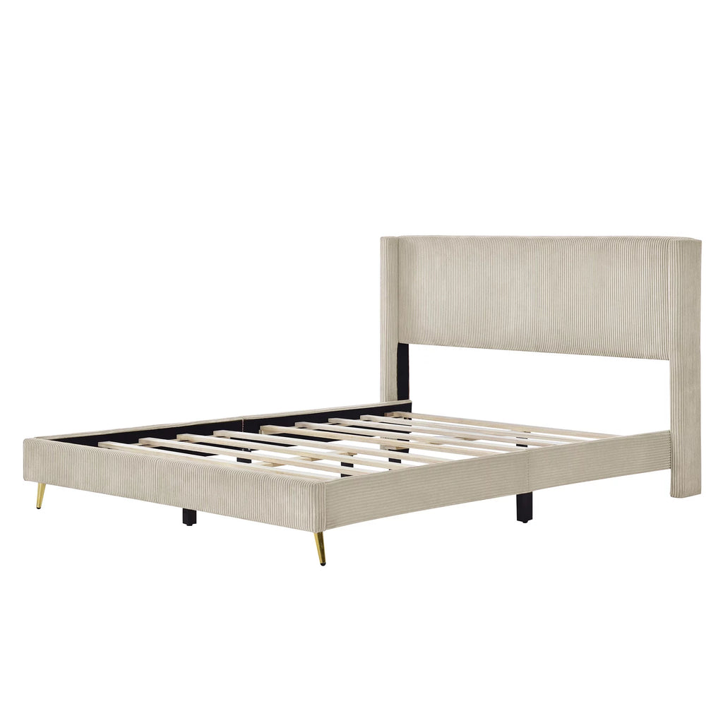 Beige Queen Corduroy Upholstered Platform Bed Frame with Headboard U1885