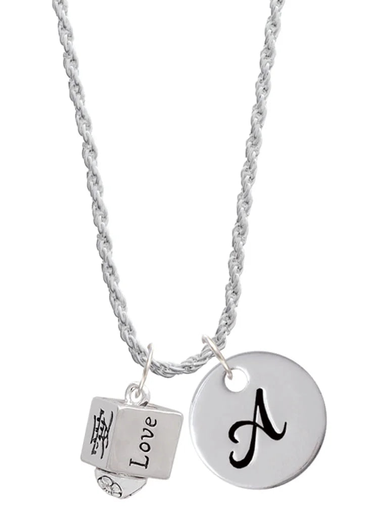 Silvertone Chinese Symbol Love Square Spinner Script Initial Disc Charm Necklace, 20"+3" T870