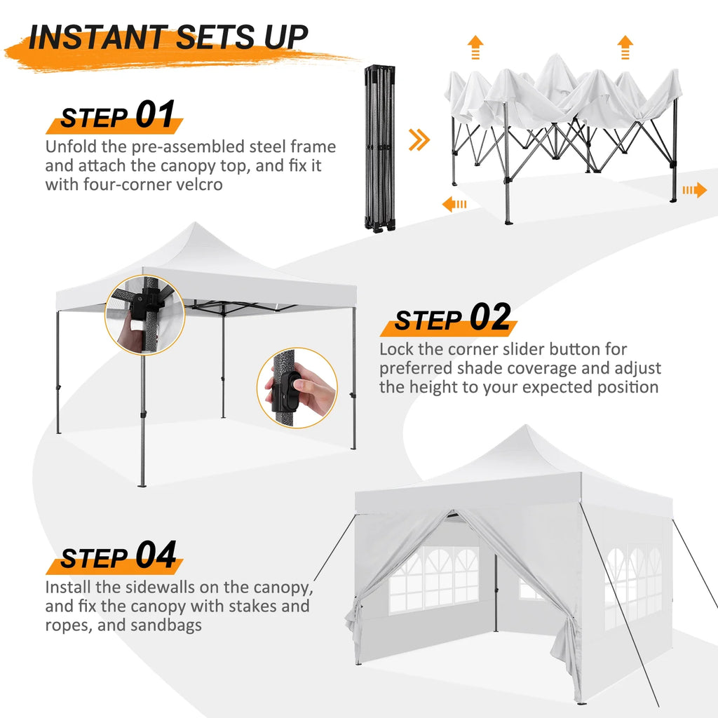 10x10 FT Pop Up Canopy Tent with 4 Removable Sidewalls, Roller Bag and 4 Sandbags, White V220479