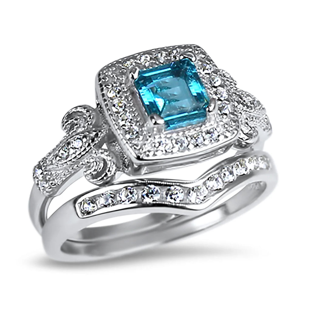 Trio His Hers Blue Topaz CZ Silver Wedding Engagement Ring Set Titanium G588197