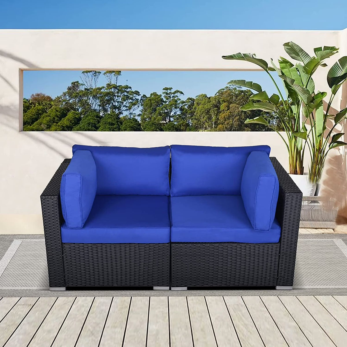 Black and Blue PE Wicker Patio Loveseat O236752