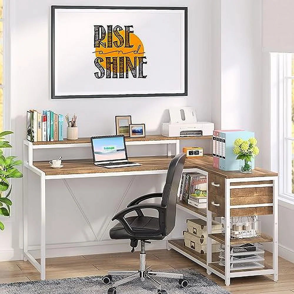 Reversible L Shaped Desk with Drawer Shelves Monitor Stand N272