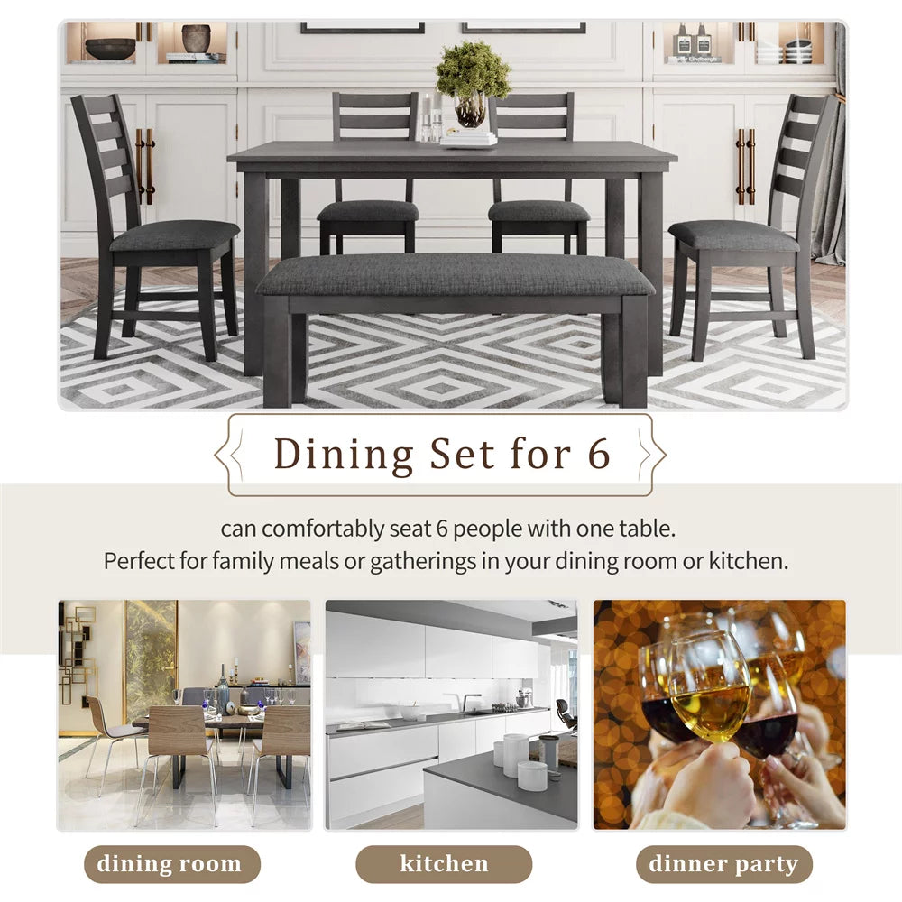 6 Piece Wood Dining Table and Chairs Set with Bench Gray V21857