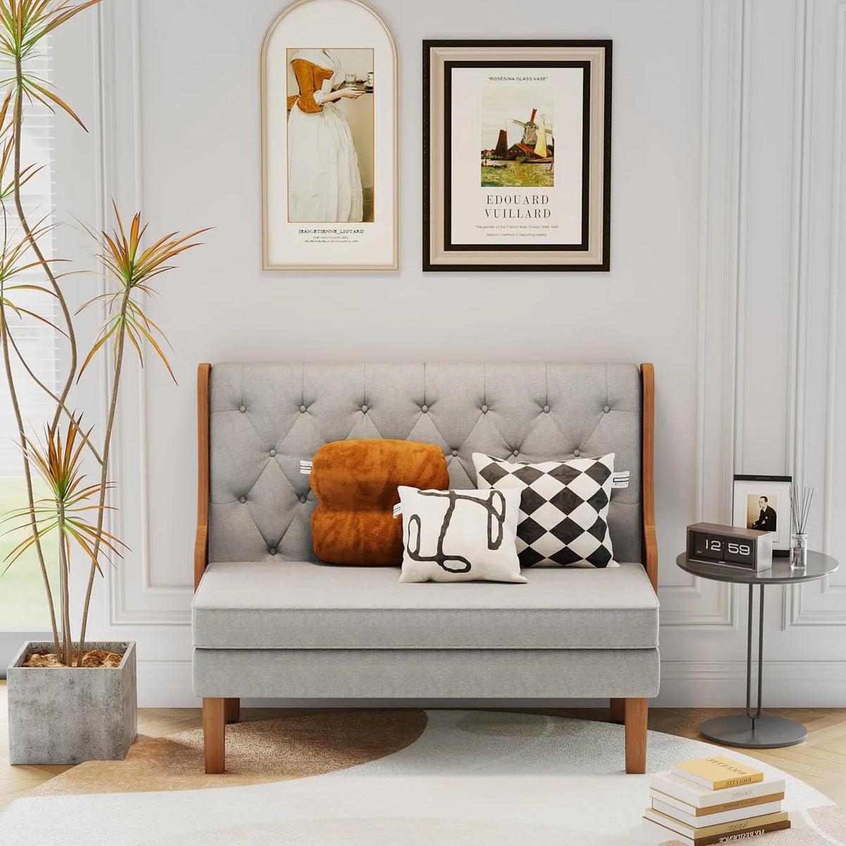 Light Grey Upholstered Loveseat Bench with Rattan Arms K147