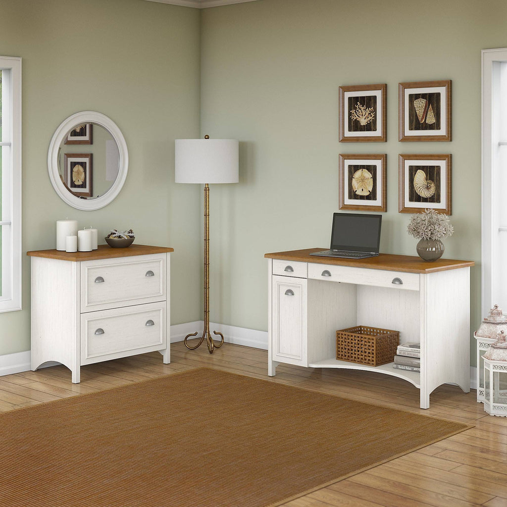 Antique White Computer Desk with 2-Drawer File Cabinet A61258