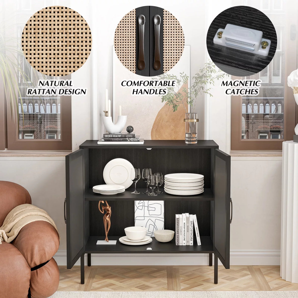 Black Accent Cabinet with Rattan Doors Z286696
