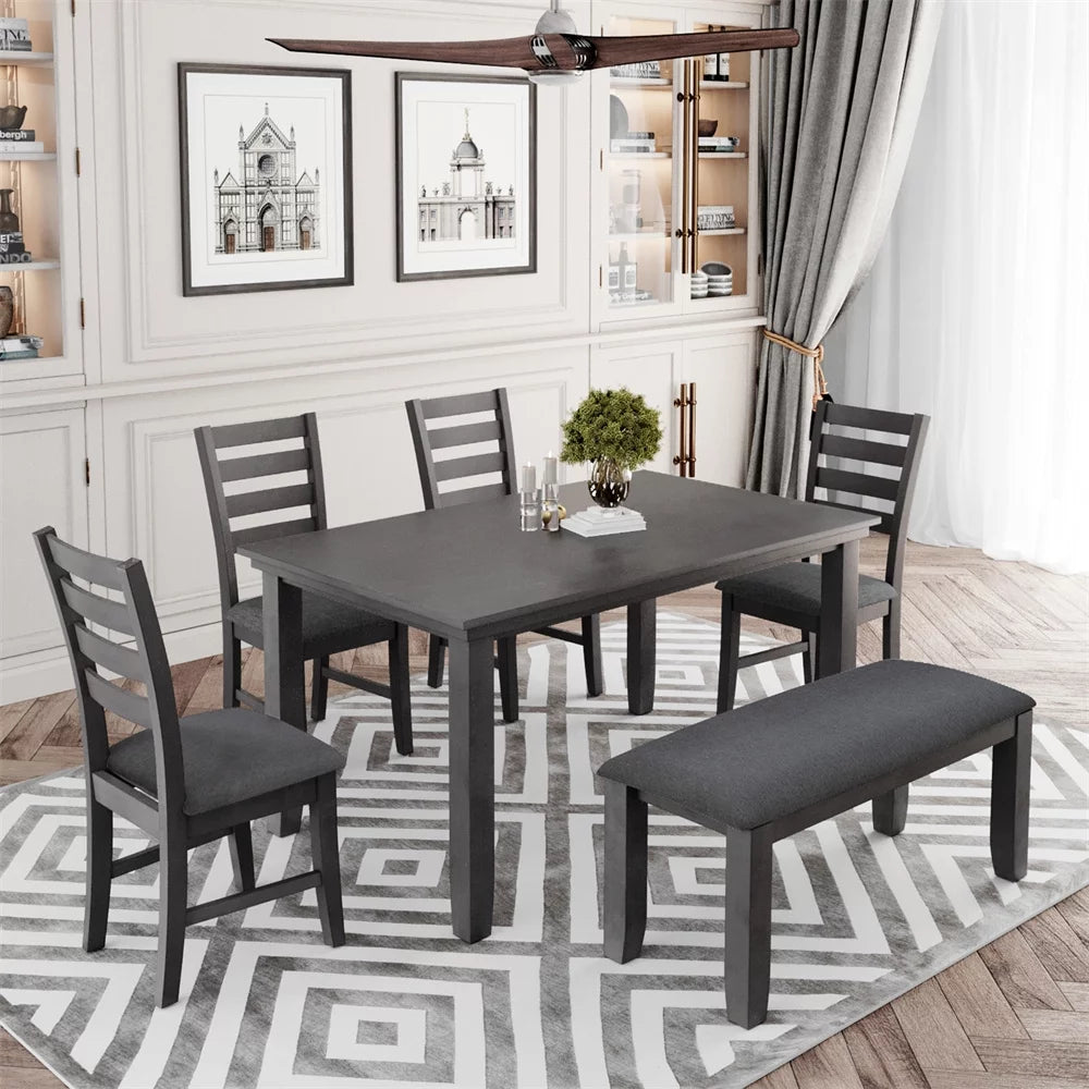 6 Piece Wood Dining Table and Chairs Set with Bench Gray V21857