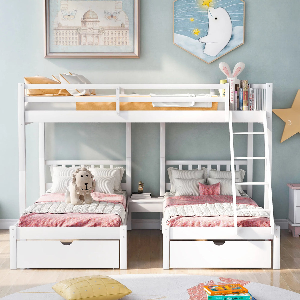 Twin Over Full & Twin Wood Bunk Bed with Drawers and Guardrails D6511