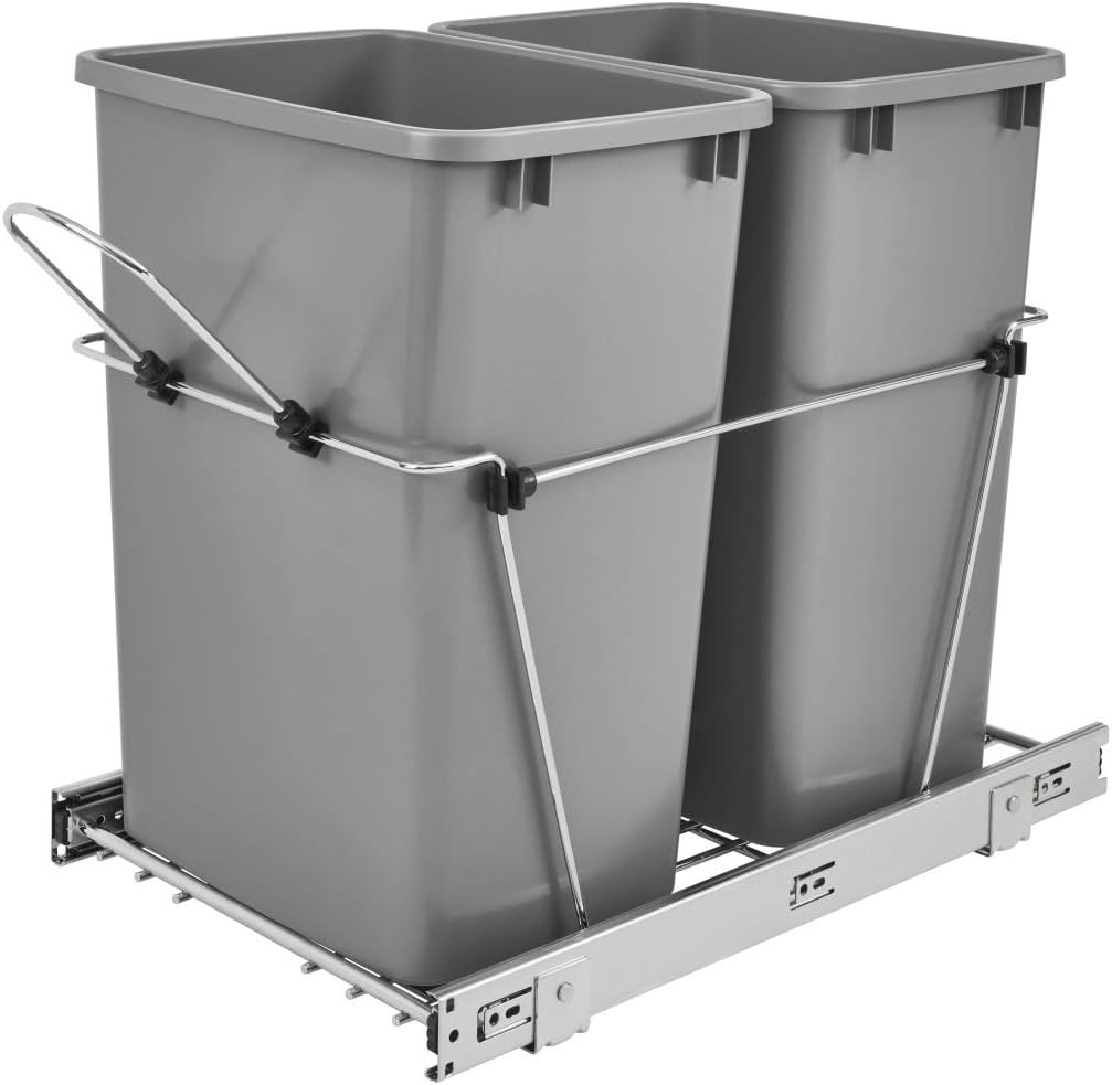 Double 35-Quart Chrome Wire Pullout Kitchen Trash Can S47403