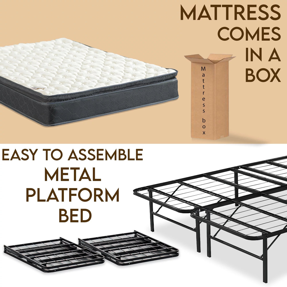 10-Inch Medium Pillow Top Hybrid Mattress and 14 Metal Platform Bed King D642237