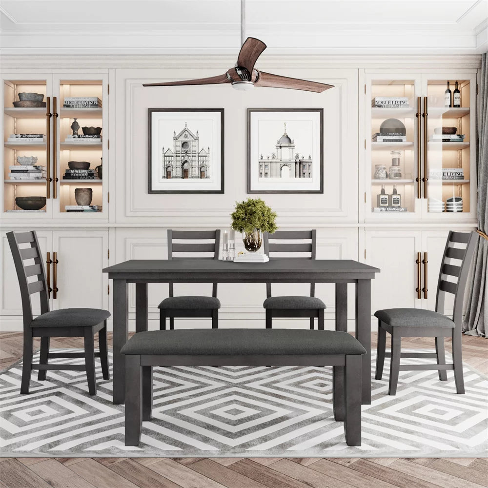6 Piece Wood Dining Table and Chairs Set with Bench Gray V21857