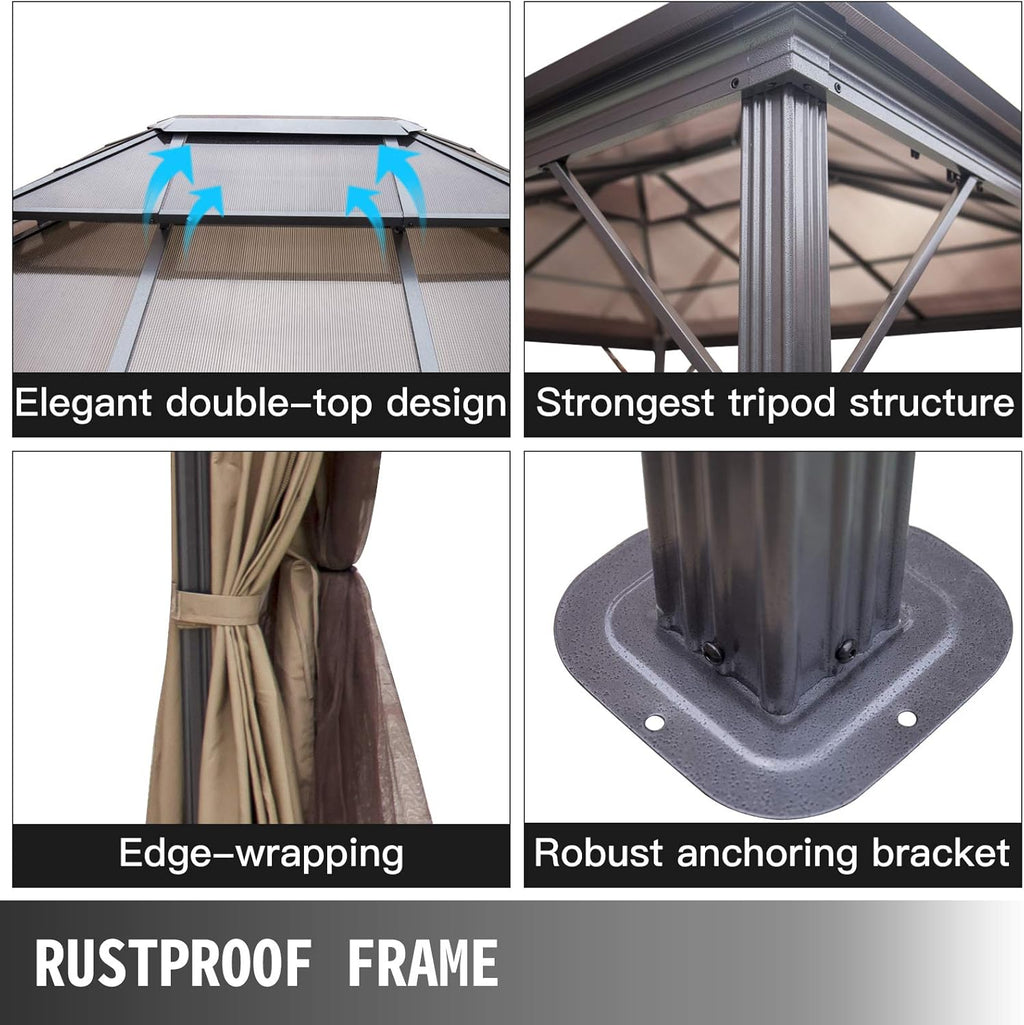 10' x 10' Polycarbonate Hardtop Aluminum Gazebo with Netting N166600
