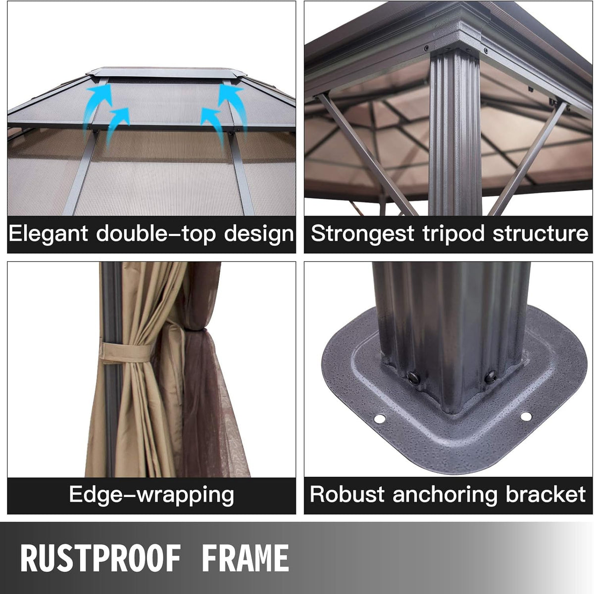 10' x 10' Polycarbonate Hardtop Aluminum Gazebo with Netting N166600