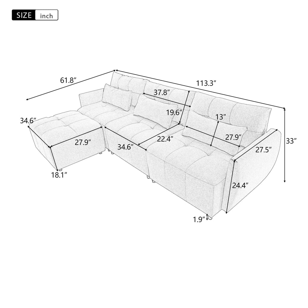 Grey Chenille Sectional Sofa with Convertible Ottoman O547