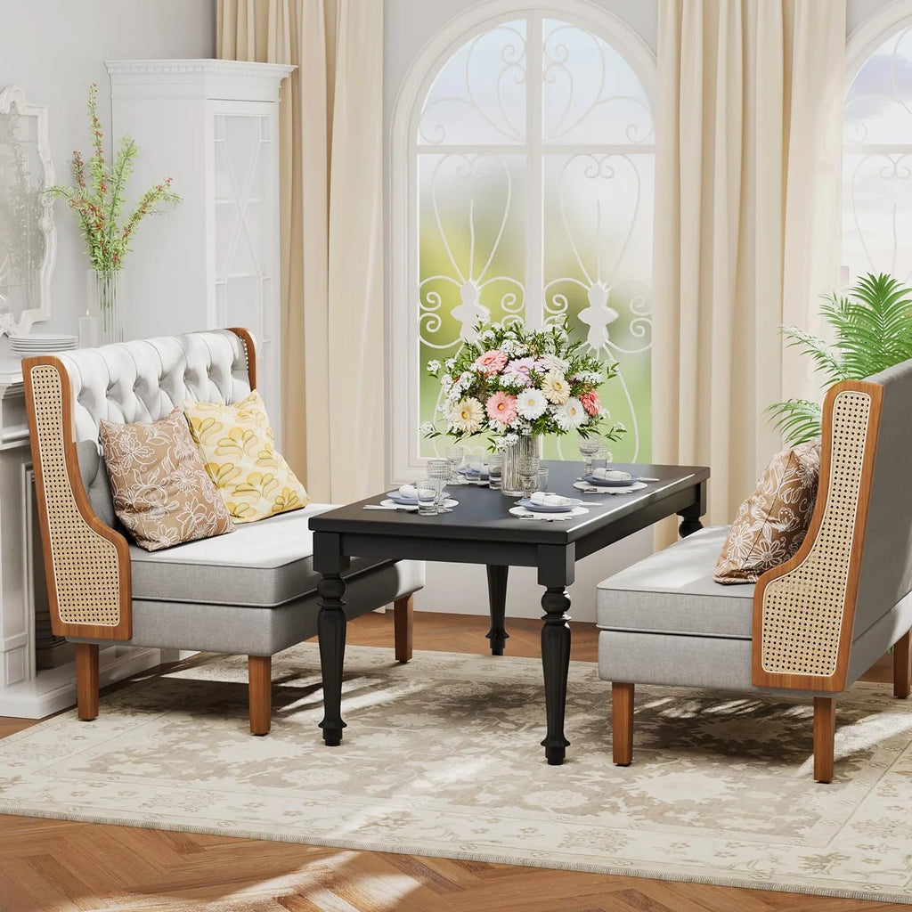 Light Grey Upholstered Loveseat Bench with Rattan Arms K147