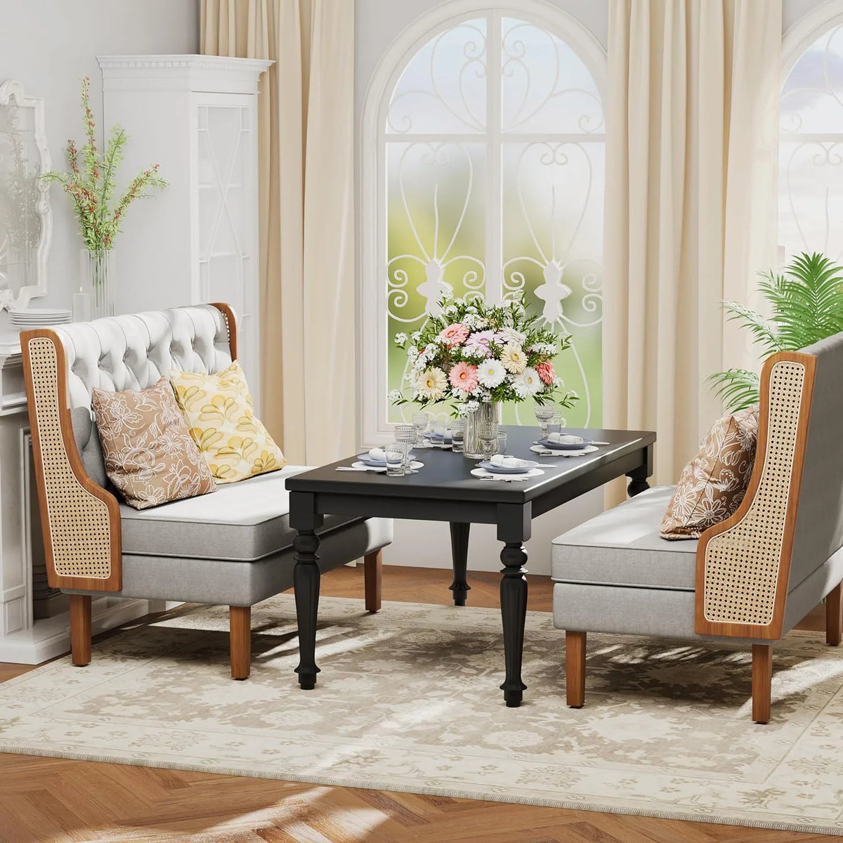 Light Grey Upholstered Loveseat Bench with Rattan Arms K147