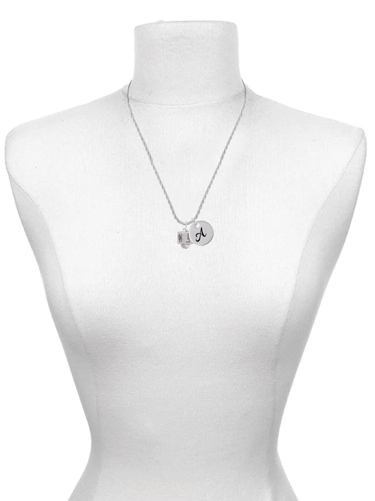 Silvertone Chinese Symbol Love Square Spinner Script Initial Disc Charm Necklace, 20"+3" T870