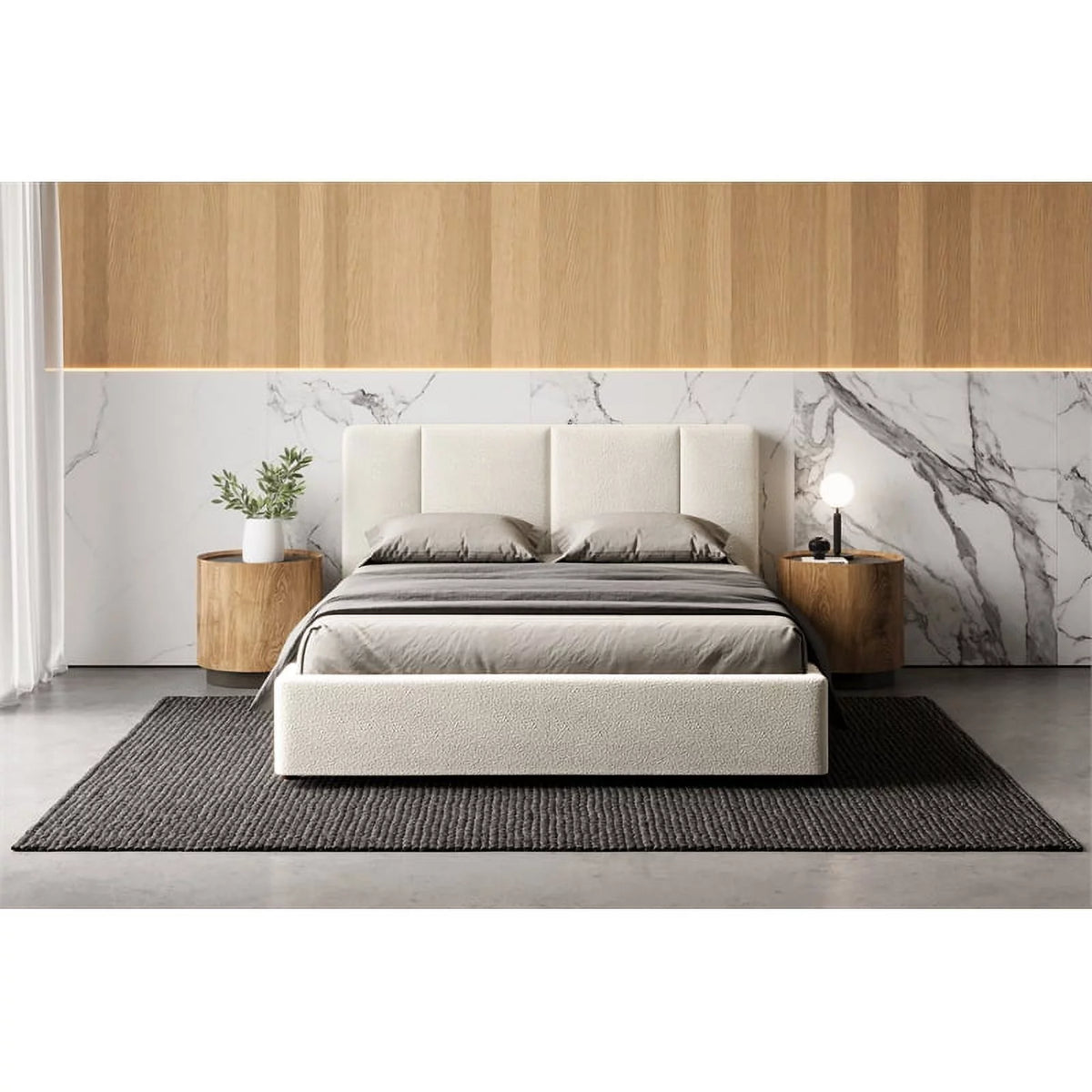 Queen Bed Cream Beige Boucle Fabric A605121