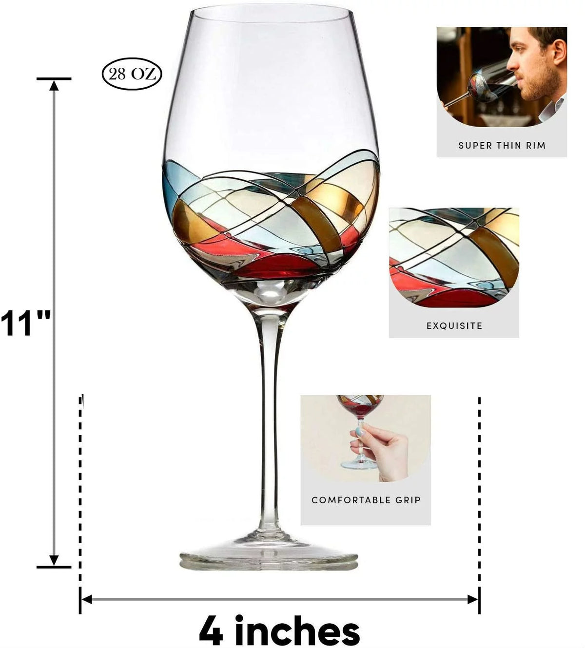 Red Wine Glasses Set of 2 Hand Painted 28oz Y655