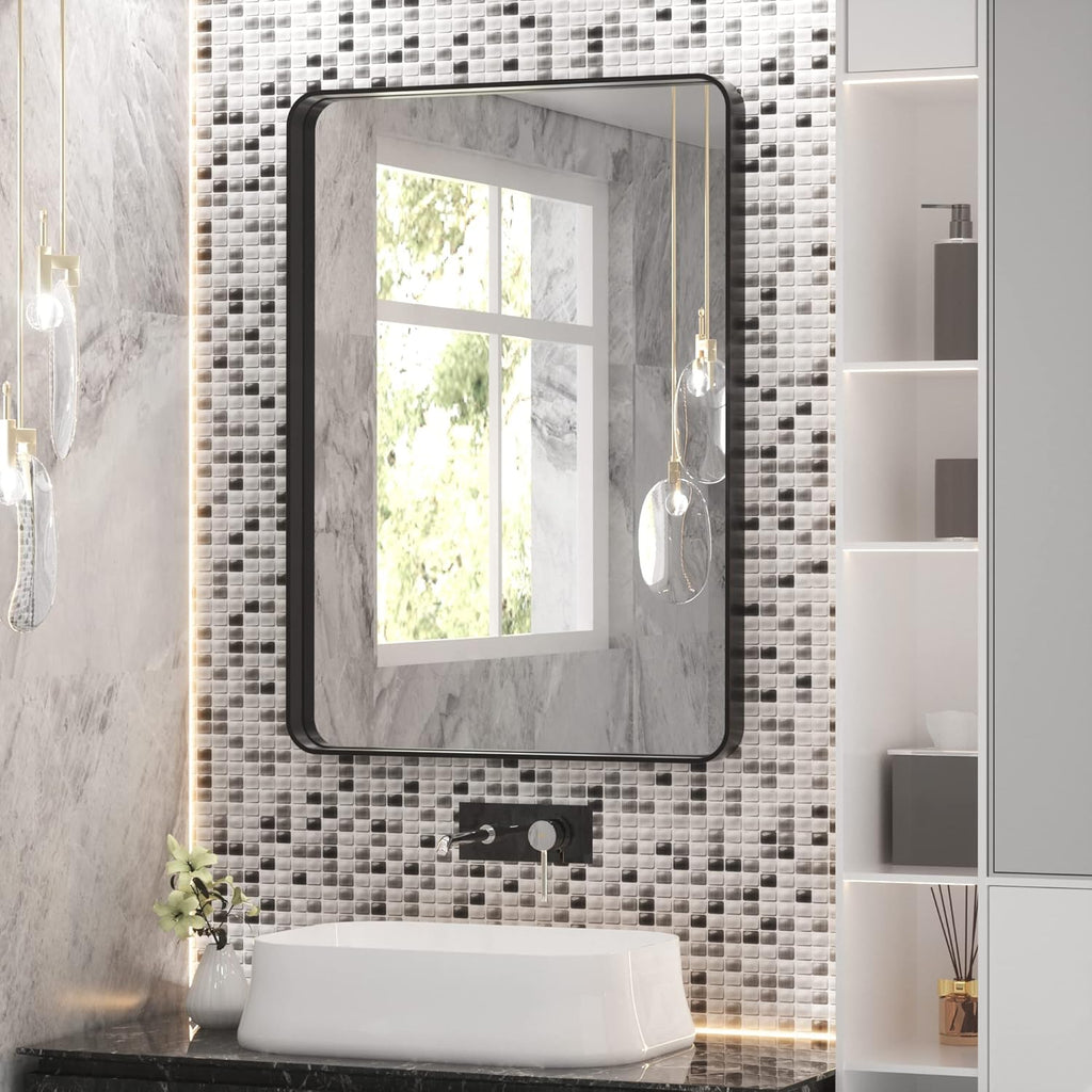 Black 22x30 Inch Brushed Metal Framed Rectangle Wall Mirror P6502