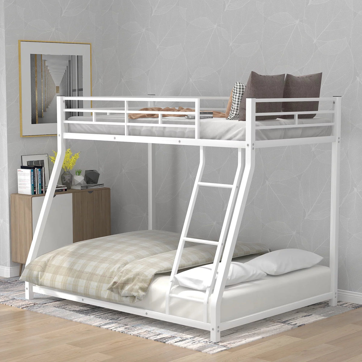 Metal Floor Bunk Bed Twin over Full White Q898