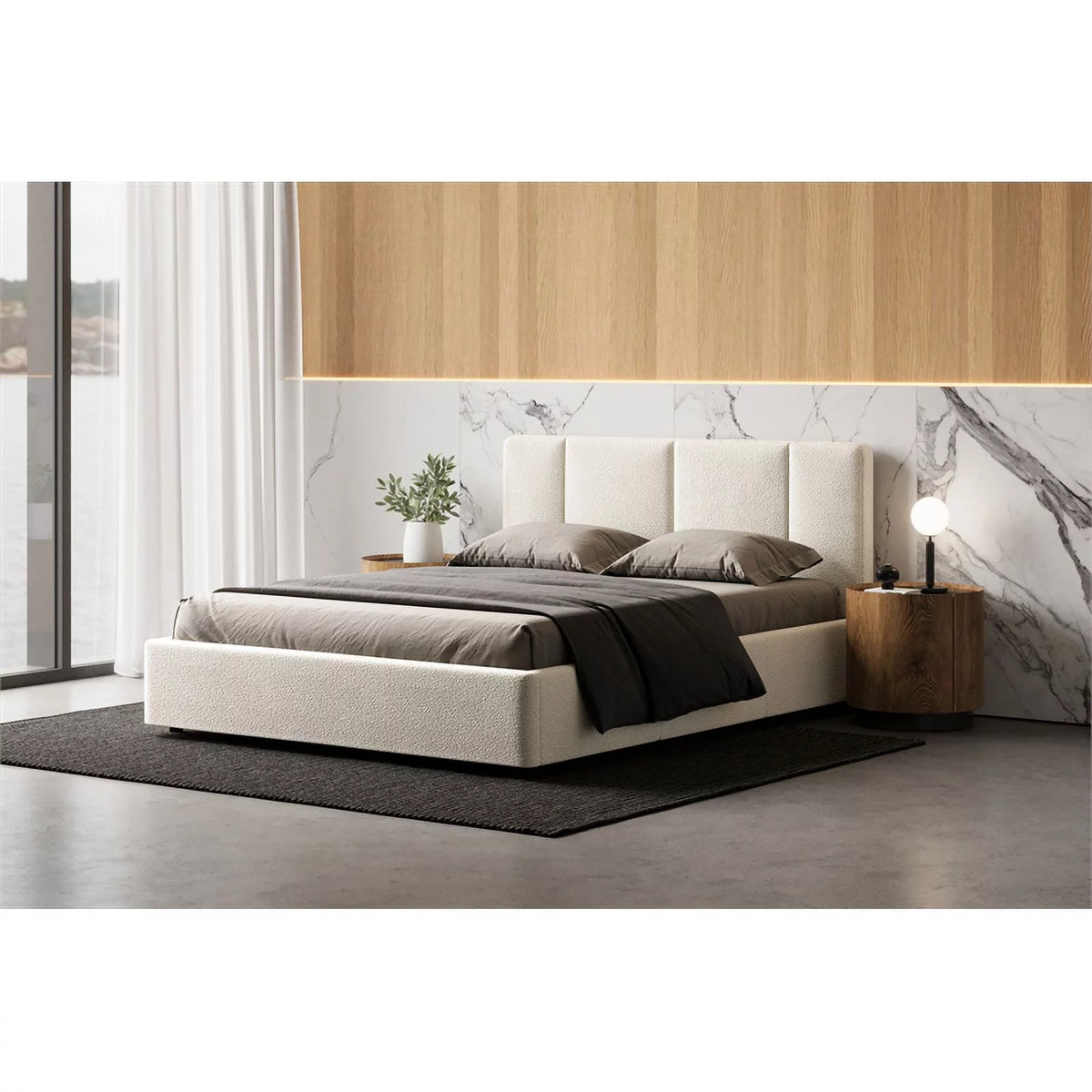 Queen Bed Cream Beige Boucle Fabric A605121