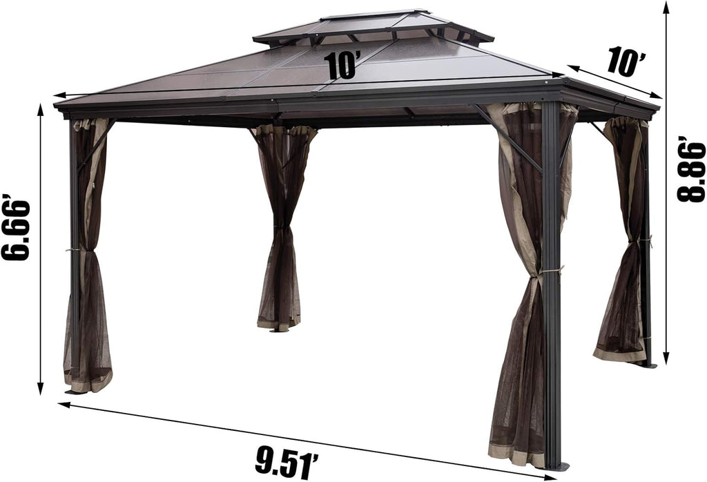 10' x 10' Polycarbonate Hardtop Aluminum Gazebo with Netting N166600