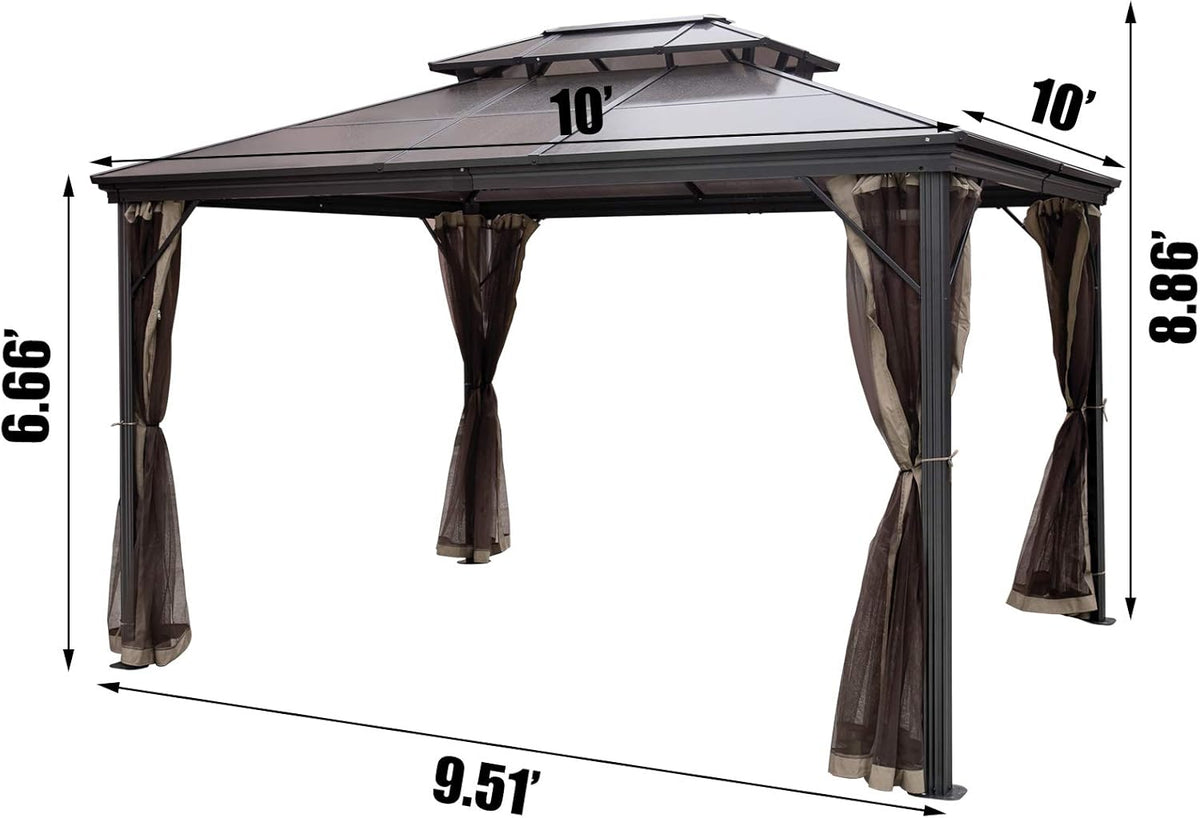 10' x 10' Polycarbonate Hardtop Aluminum Gazebo with Netting N166600