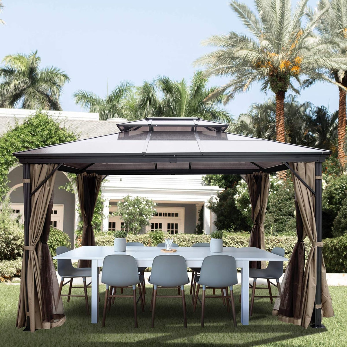 10' x 10' Polycarbonate Hardtop Aluminum Gazebo with Netting N166600