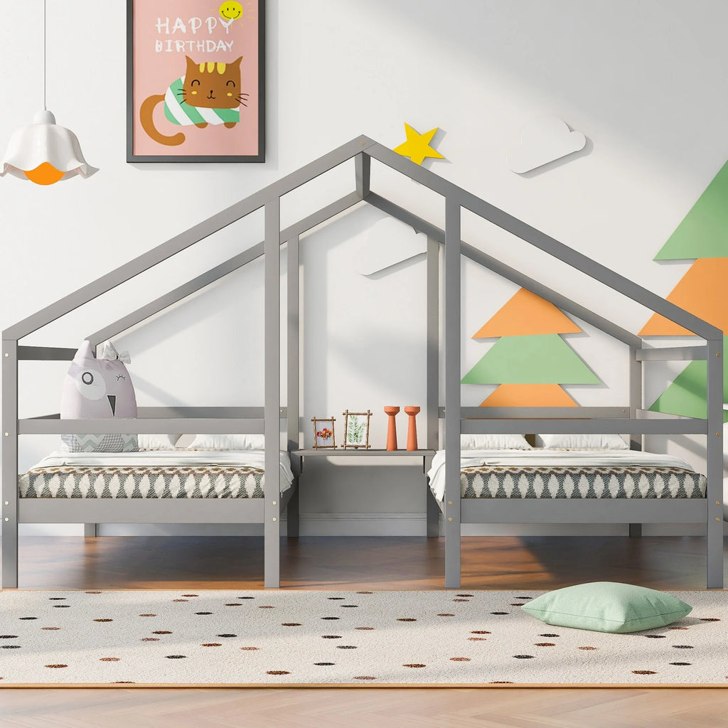 Twin Size Triangular House Beds with Built-in Table Grey P55118