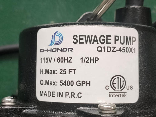 1/2 HP 5400GPH Cast Iron Sewage Pump with Piggy Back Tether Float Switch N11264
