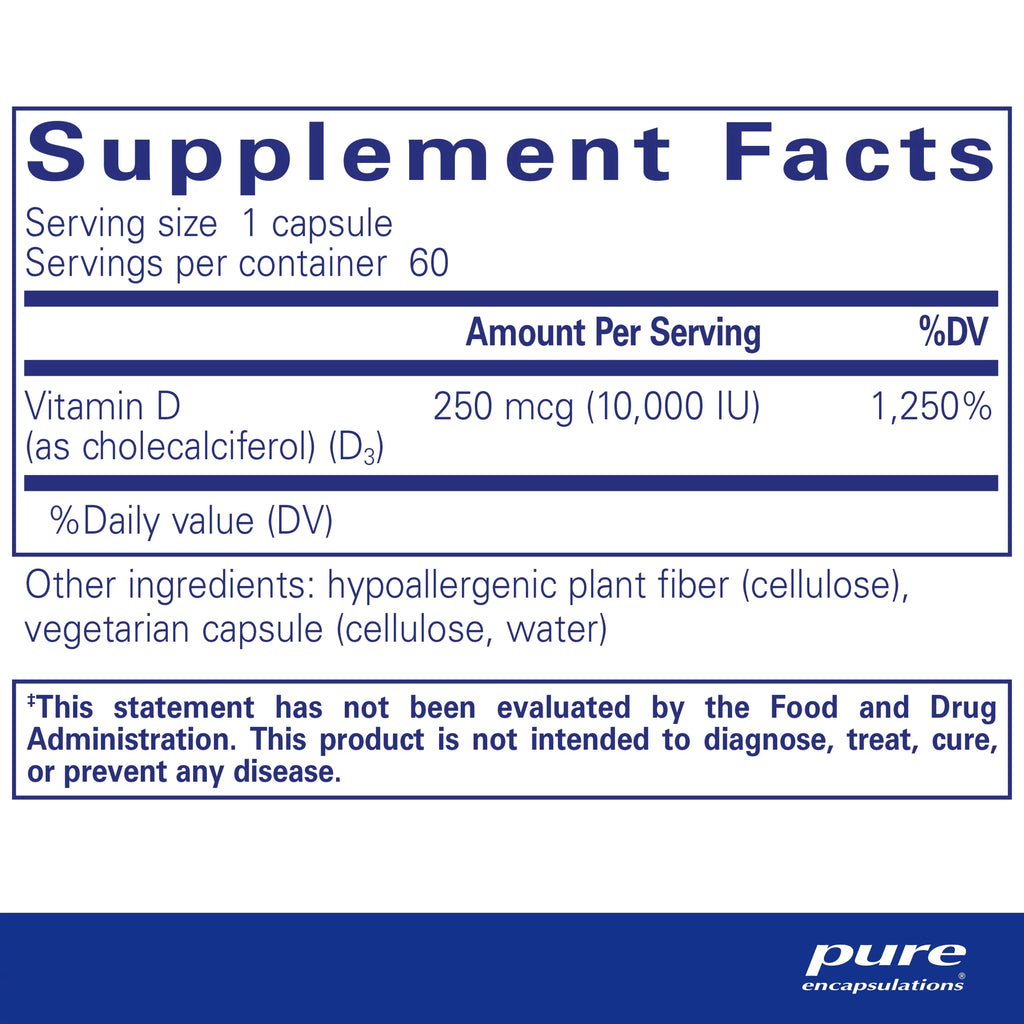 Vitamin D3 250 mcg (10,000 IU) Supplement, 60 Capsules L993611