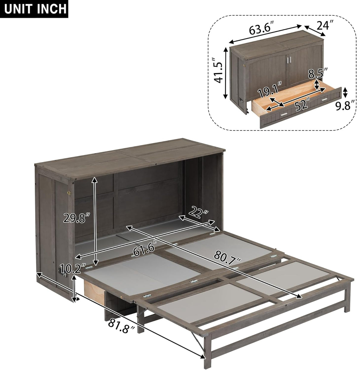 Queen Murphy Bed Cabinet with Drawer and Charging Station E4207