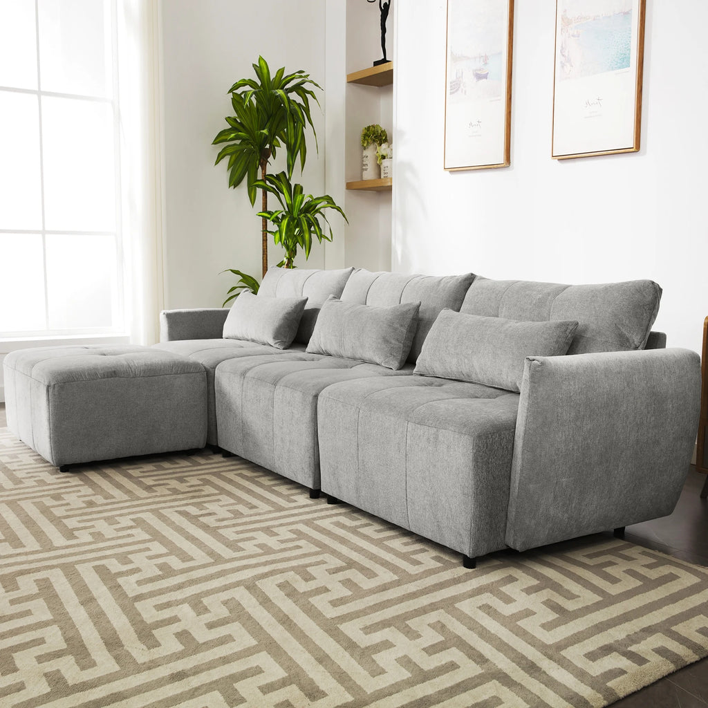 Grey Chenille Sectional Sofa with Convertible Ottoman O547