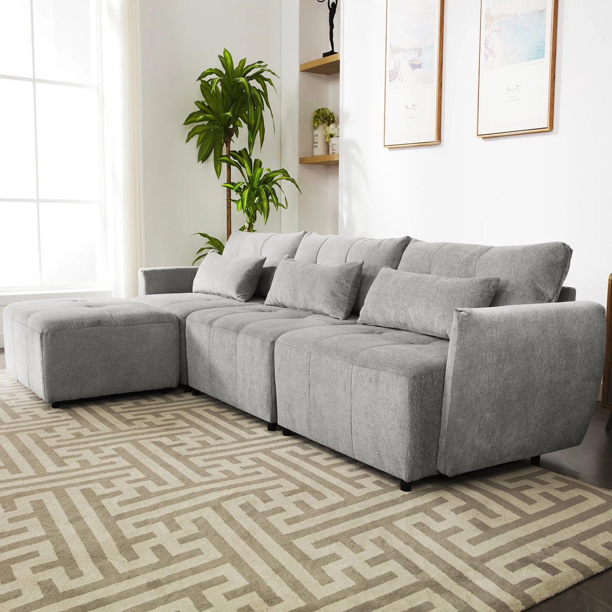 Grey Chenille Sectional Sofa with Convertible Ottoman O547