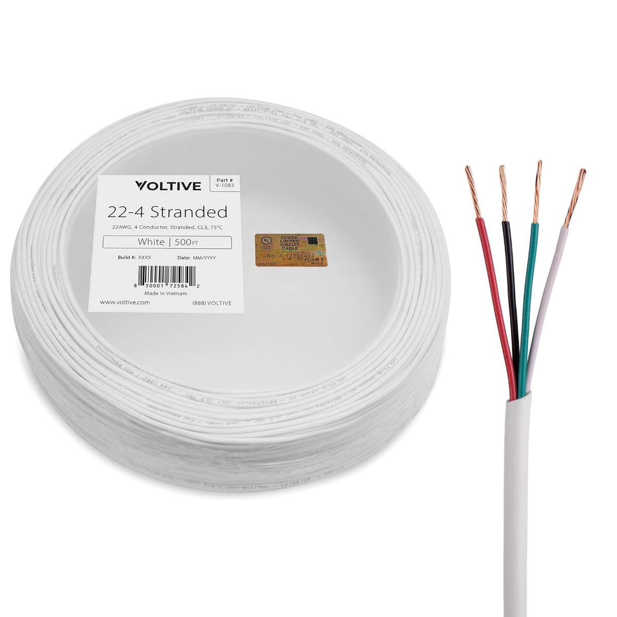 22/4 Stranded CL3 Rated Oxygen-Free Copper Alarm Wire 500 Foot Coilpack White H58547