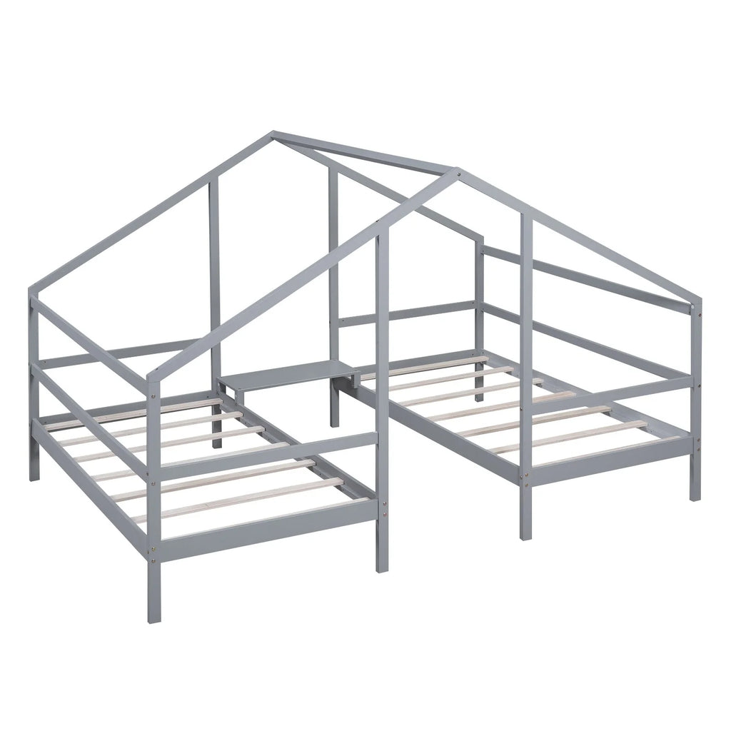 Twin Size Triangular House Beds with Built-in Table Grey P55118