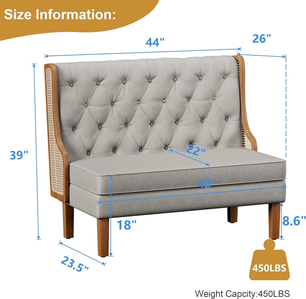 Light Grey Upholstered Loveseat Bench with Rattan Arms K147
