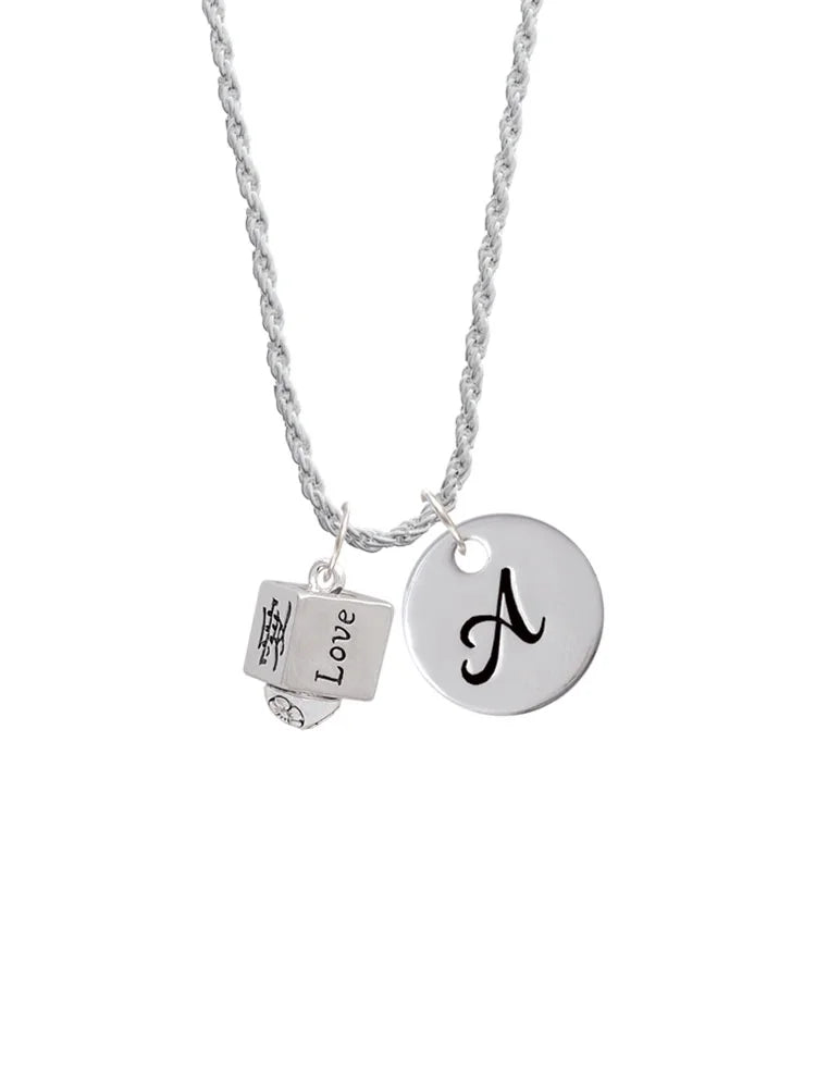Silvertone Chinese Symbol Love Square Spinner Script Initial Disc Charm Necklace, 20"+3" T870