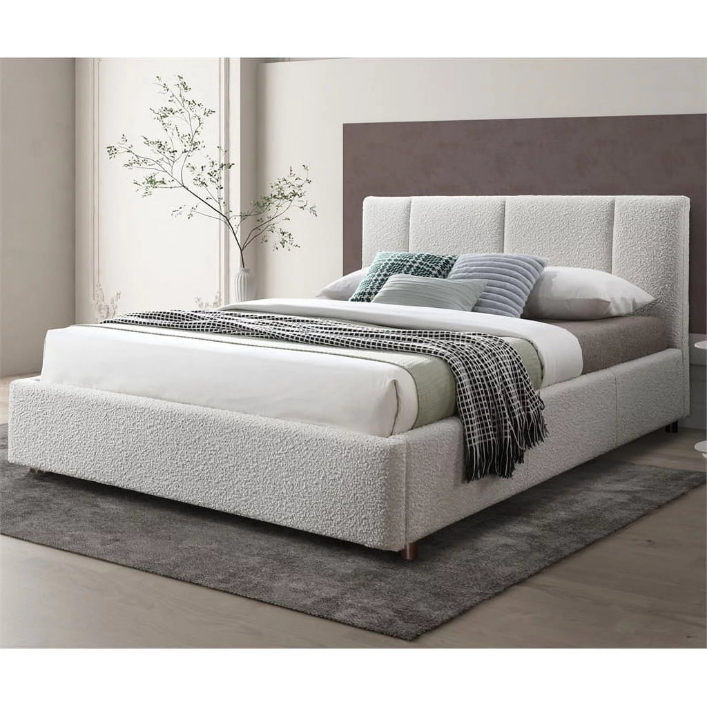 Queen Bed Cream Beige Boucle Fabric A605121