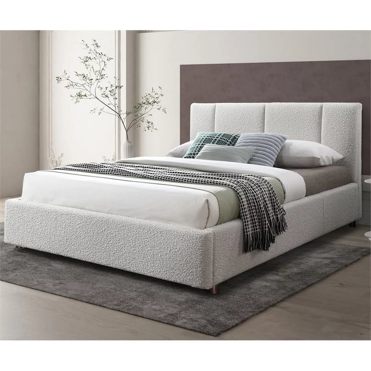 Queen Bed Cream Beige Boucle Fabric A605121