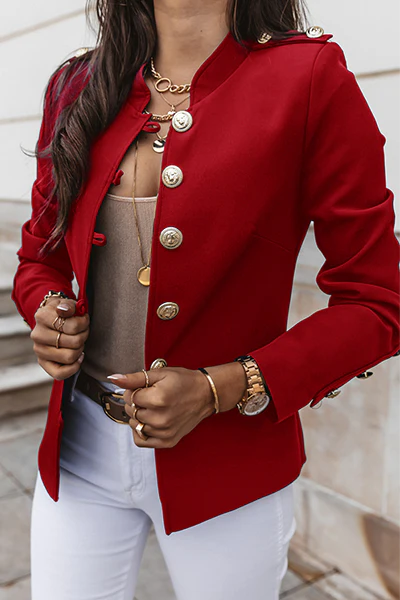 Solid Patchwork Buckle Mandarin Collar Outerwear A742892