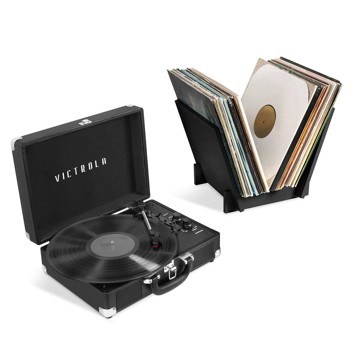 Black Bluetooth Suitcase Record Player with Record Stand B612268