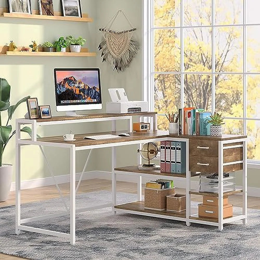 Reversible L Shaped Desk with Drawer Shelves Monitor Stand N272