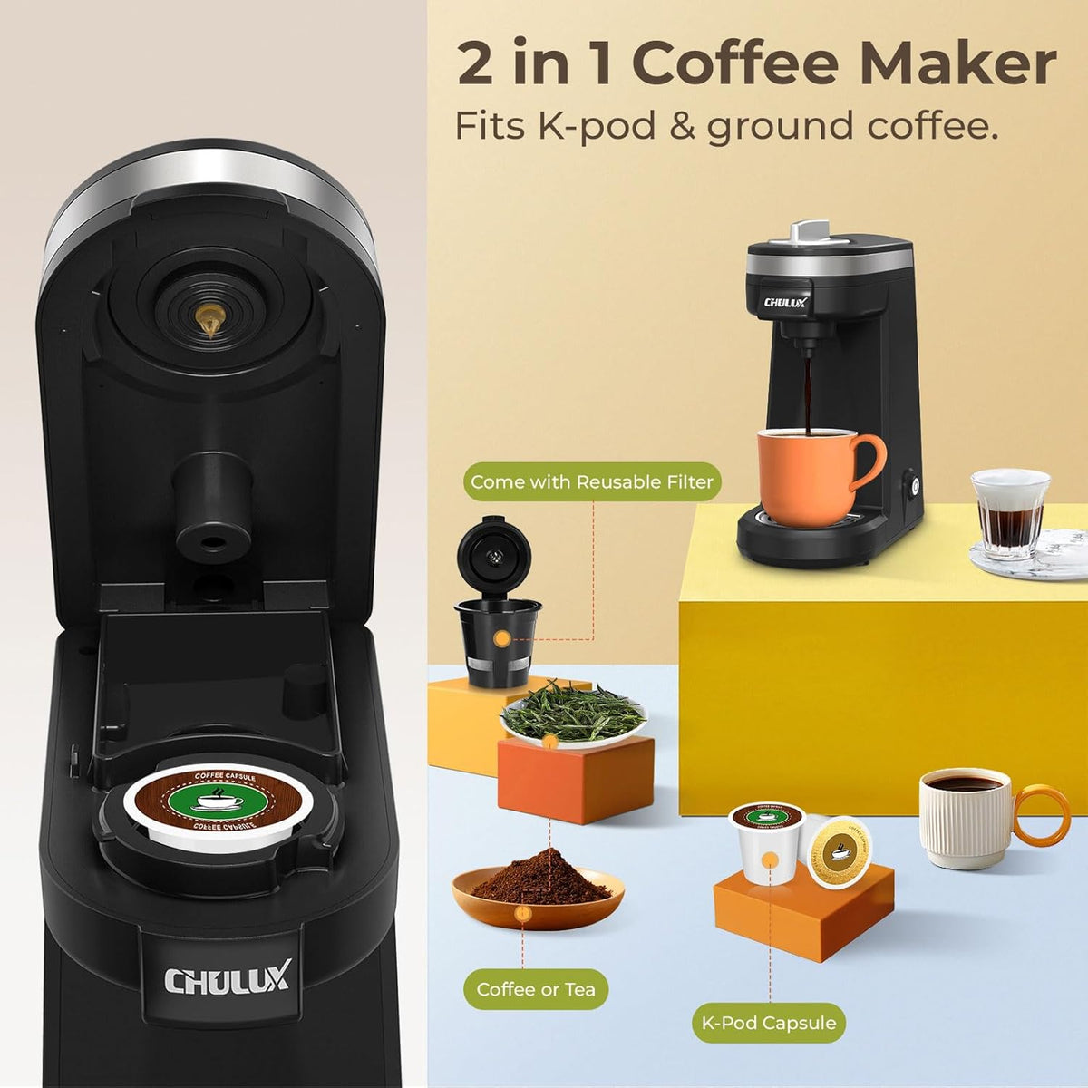 Mini 2 in 1 Single Serve Coffee Maker for K Cup & Ground Coffee J150