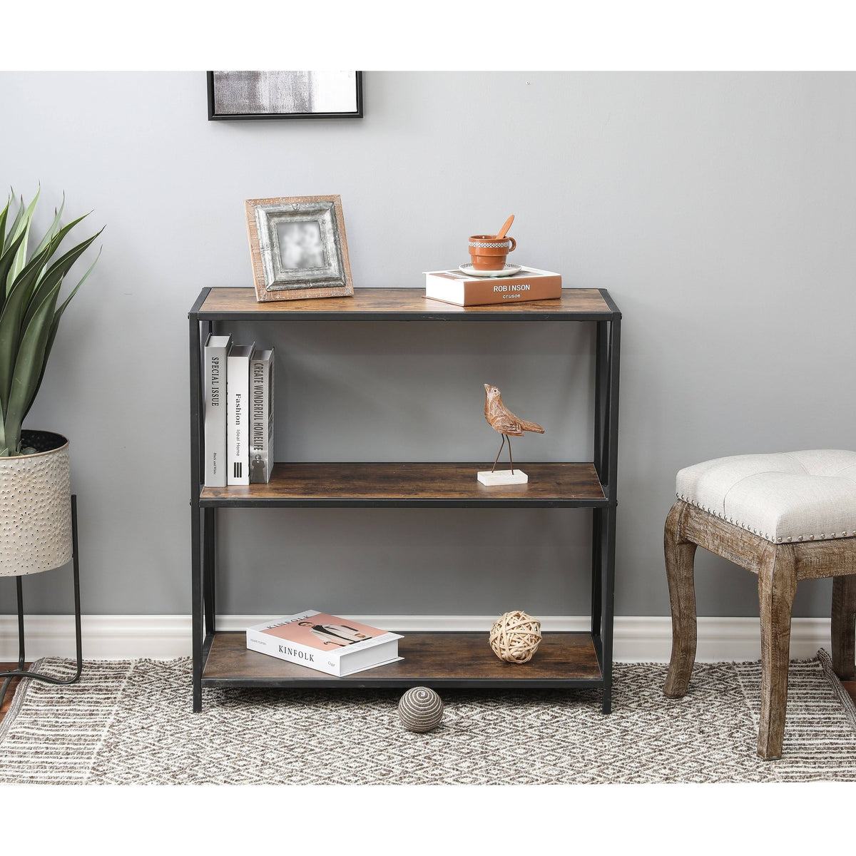 Walnut Wood Finish Metal Bookcase Q286871