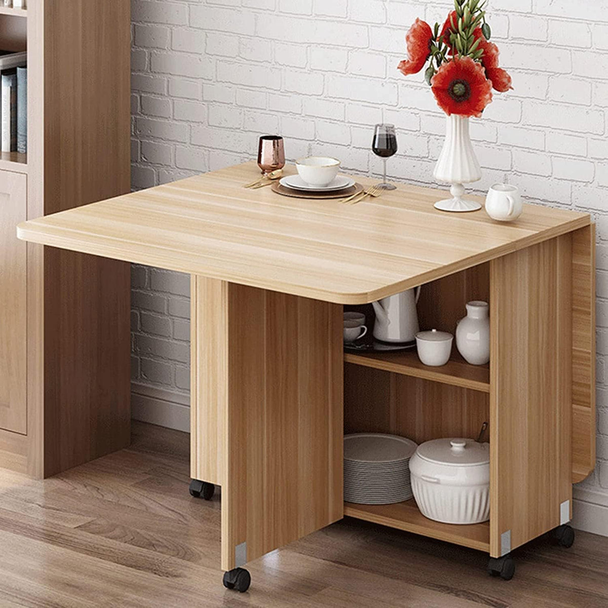 Expandable Rectangle Wood Drop Leaf Dining Table with 6 Wheels R905