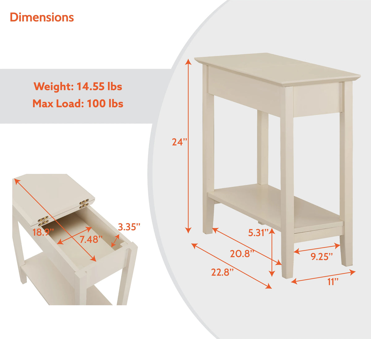 Cream Narrow End Table with Storage Shelf Z7996