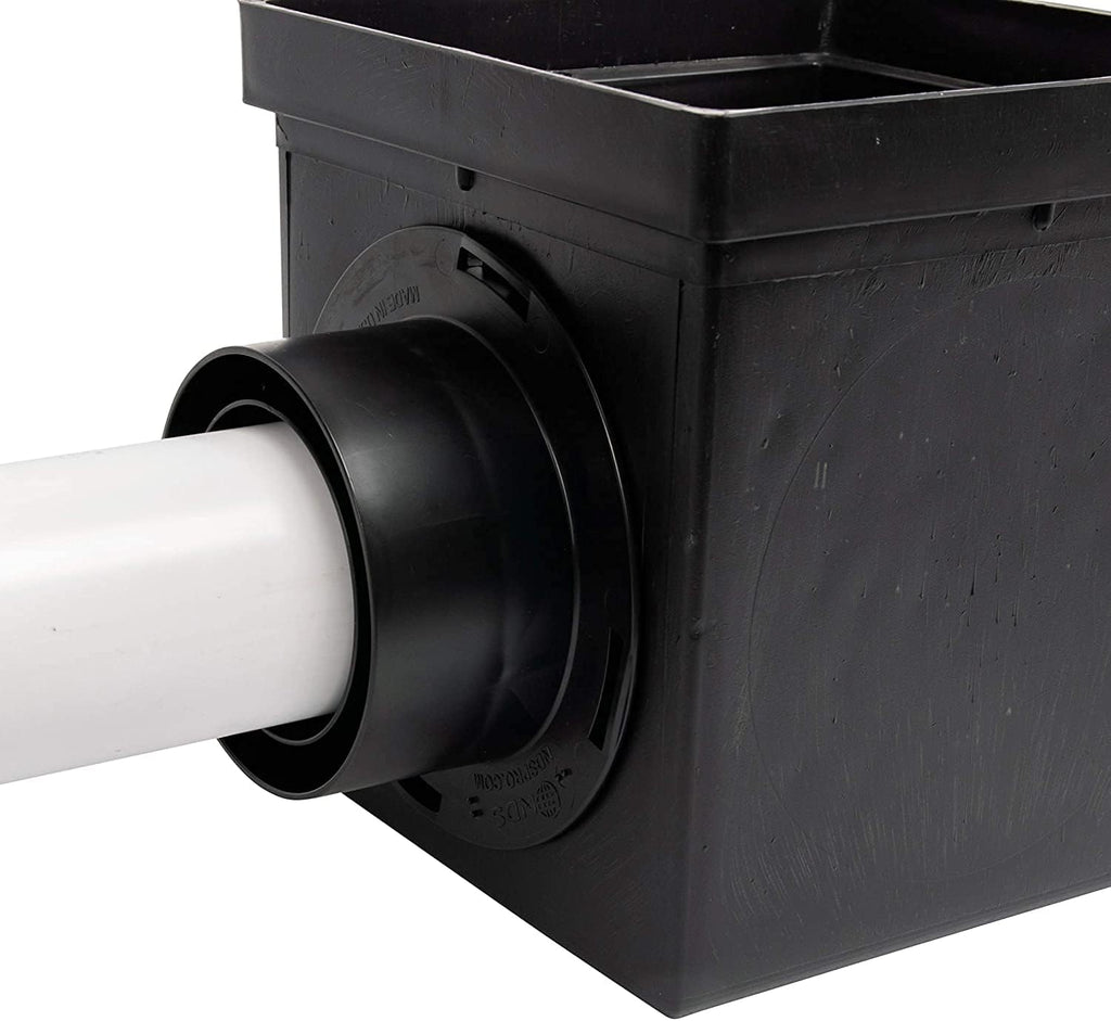 Square Catch Basin Drain Kit with 2-Opening, 2 Adapters, 1 Outlet Plug, 9-Inch Black Plastic Grate S324