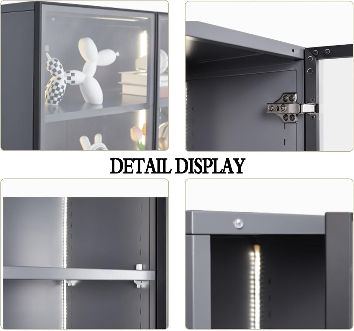 Grey Glass Display Cabinet with LED Lights and 4-Tier Shelves L1929